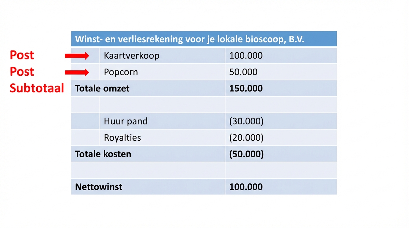 winst-en-verliesrekening met posten en subtotalen gemarkeerd voor omzet