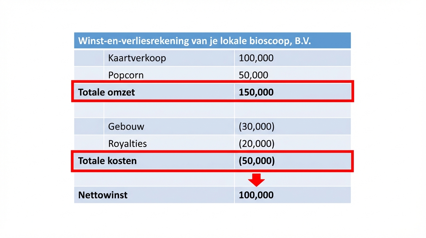 winst-en-verliesrekening met de berekening van nettowinst gemarkeerd