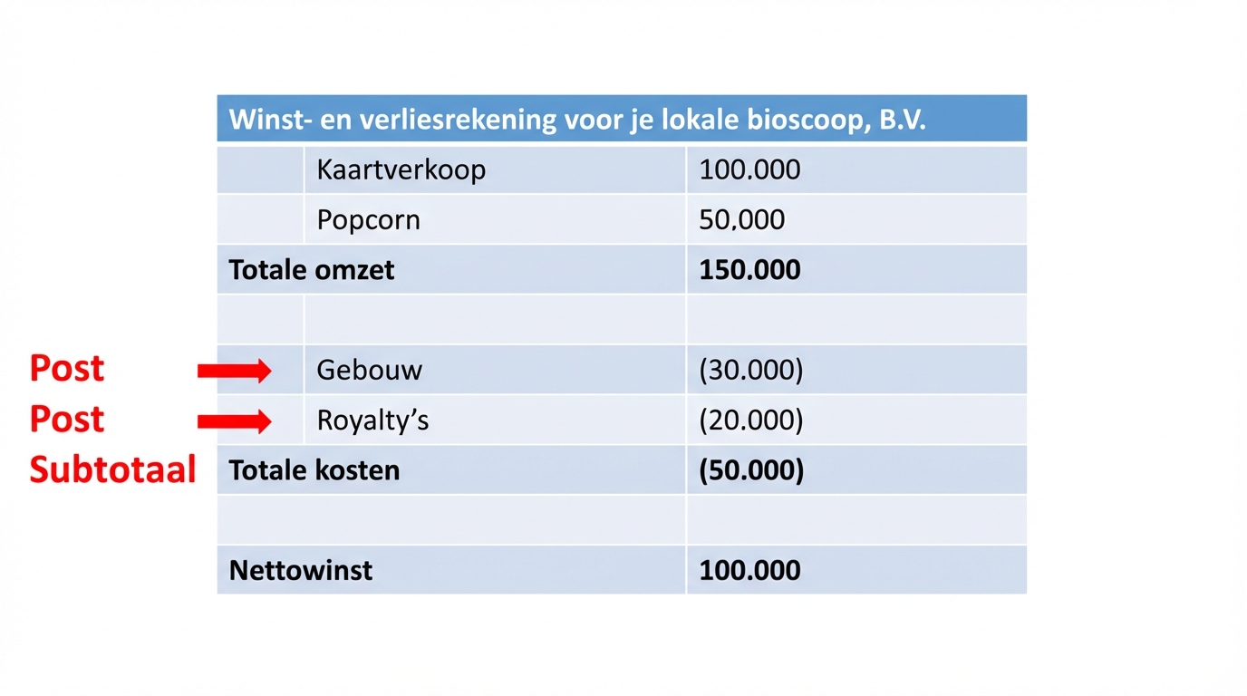 winst-en-verliesrekening met posten en subtotalen gemarkeerd voor omzet