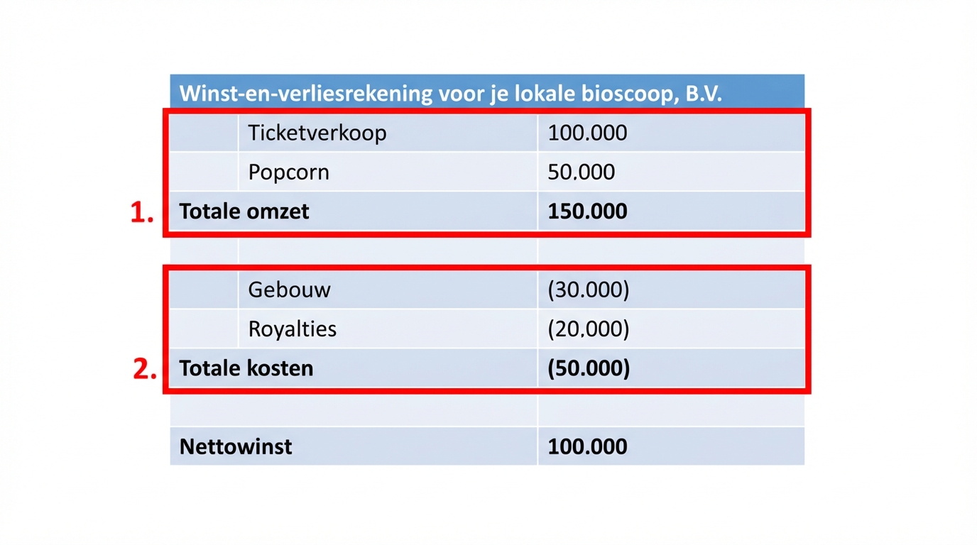 voorbeeld van een winst-en-verliesrekening met omzet en kosten rood omlijnd