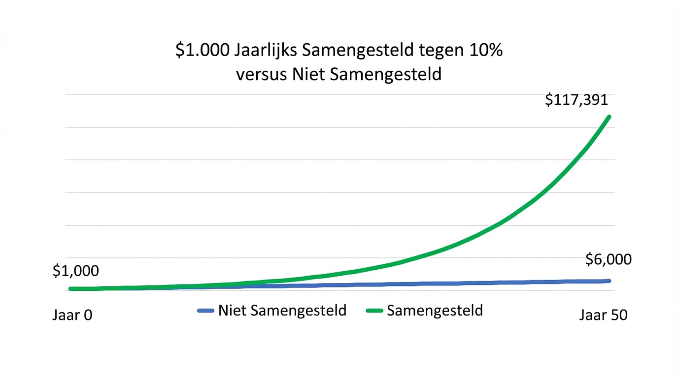 een grafiek met het verschil tussen $1000 jaarlijks met rente-op-rente versus zonder over 50 jaar