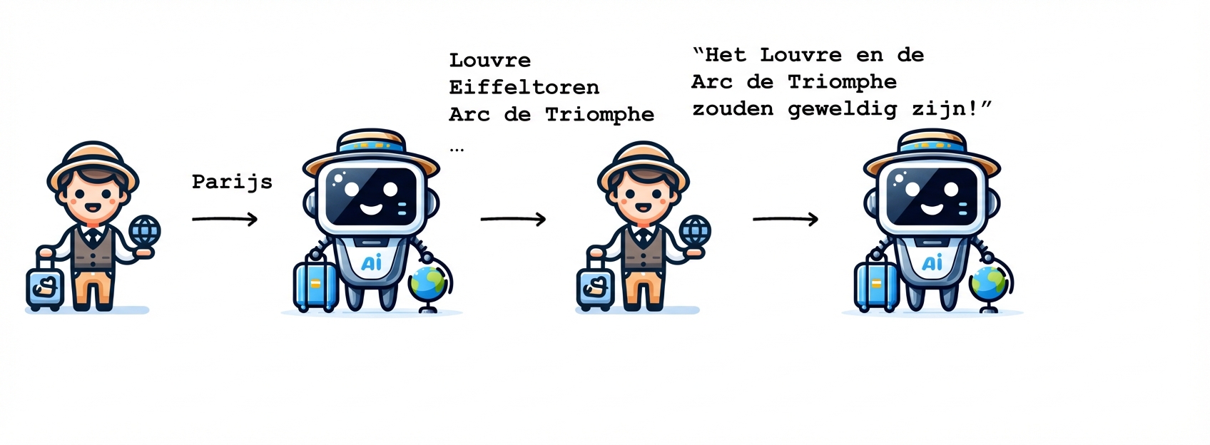 De persoon vertelt de AI-gids dat ze het Louvre en de Arc de Triomphe willen zien.