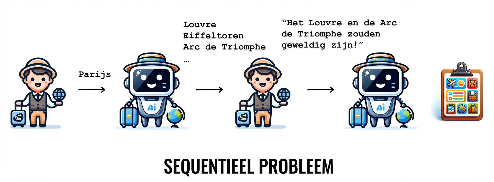 Deze workflow voor een reisroute is een voorbeeld van een sequentieel probleem.