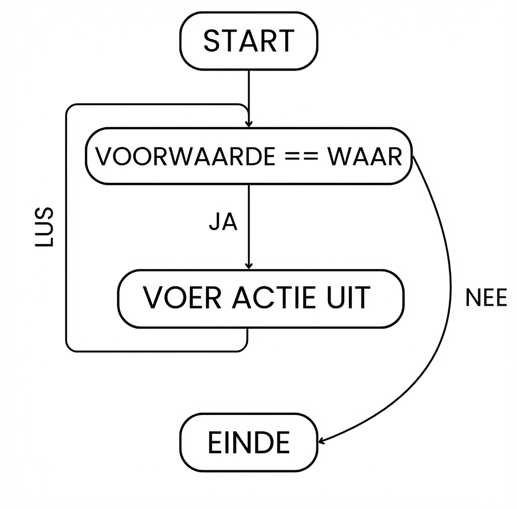 Stroom van een while-loop: start > conditie waar > actie uitvoeren > loop > herhalen tot de conditie niet meer waar is