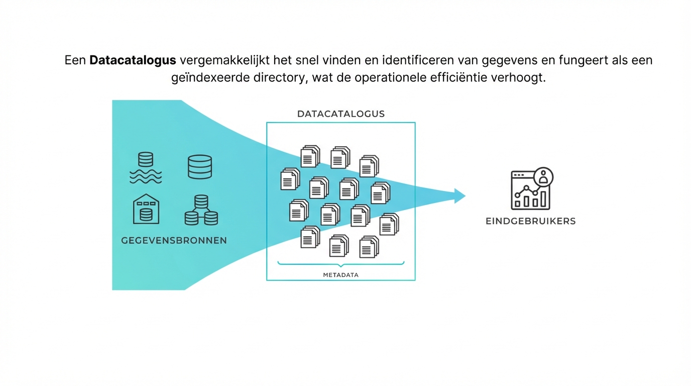 verschillende datasystemen links geordend in een nette stapel in het midden met een pijl naar de eindgebruiker rechts