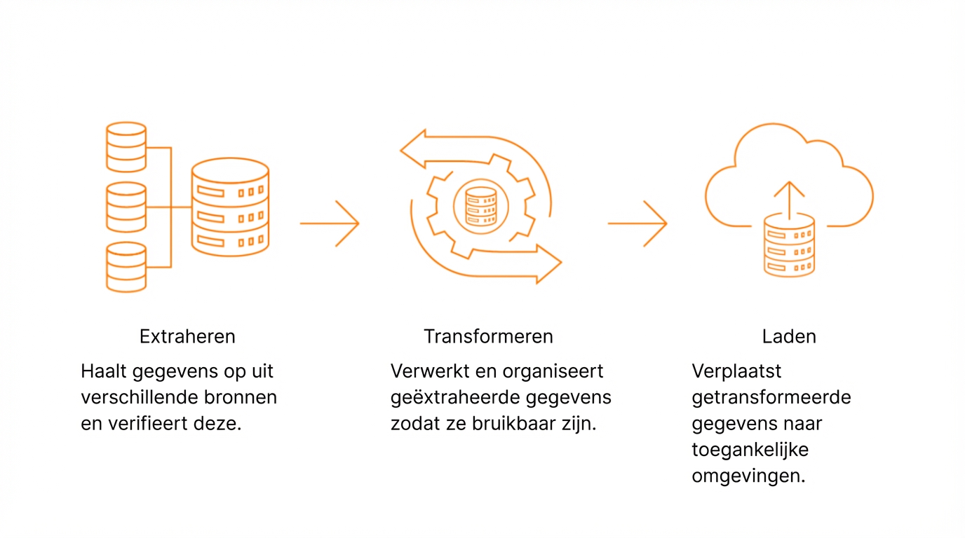 databasepictogrammen, tandwielen en clouds die het ETL-proces voorstellen