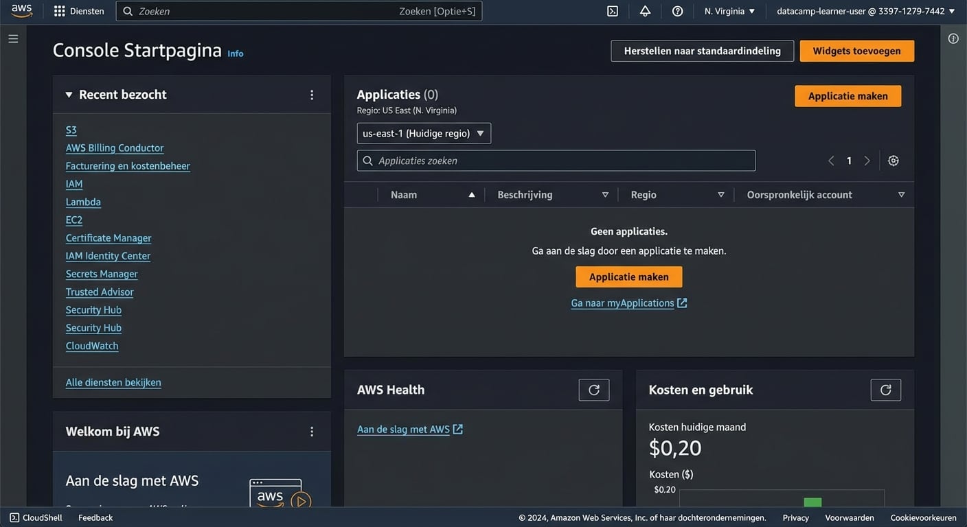 AWS-startpagina in de sandbox