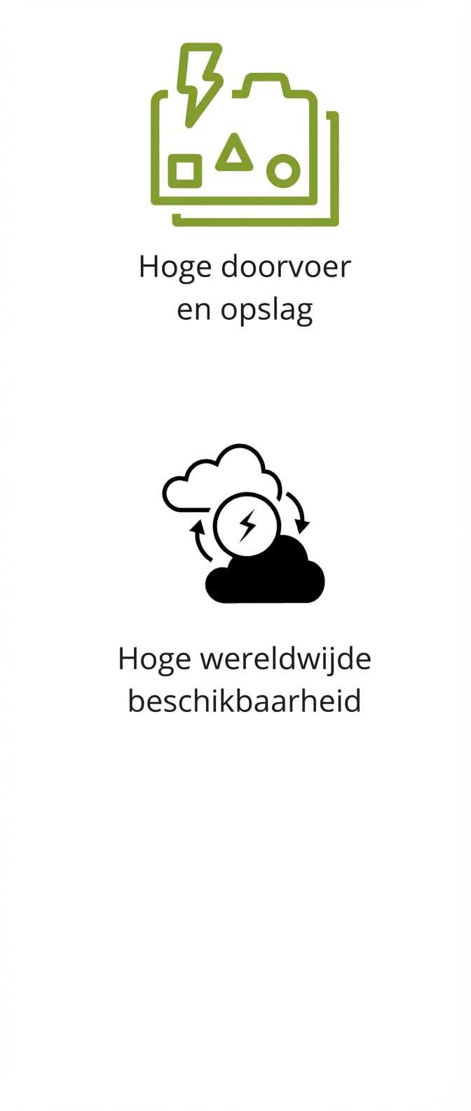 Pictogrammen voor hoge throughput en opslag en hoge wereldwijde beschikbaarheid.