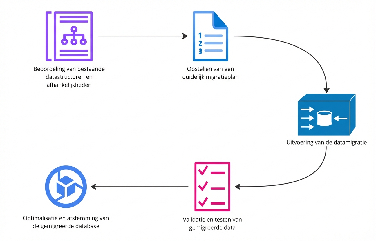 Een stroomdiagram met stappen van een datamigratieproject.