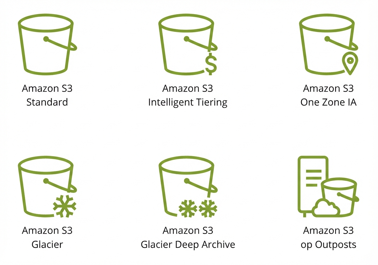 Zes pictogrammen voor de zes opslagklassen in S3.