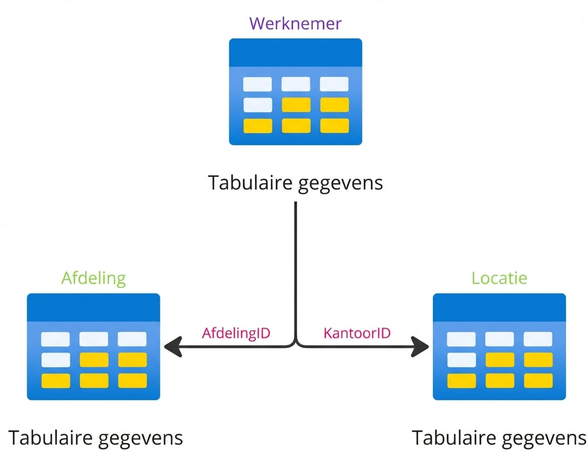 Een hiërarchische tabelstructuur met verbindingen tussen employee-, department- en location-tabellen.