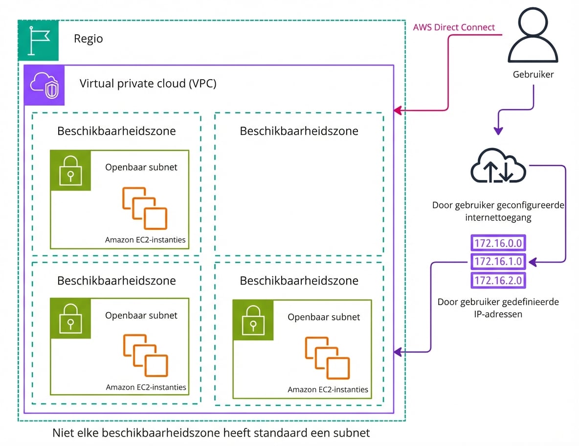 Een architectuurdiagram van een aangepaste VPC in AWS.