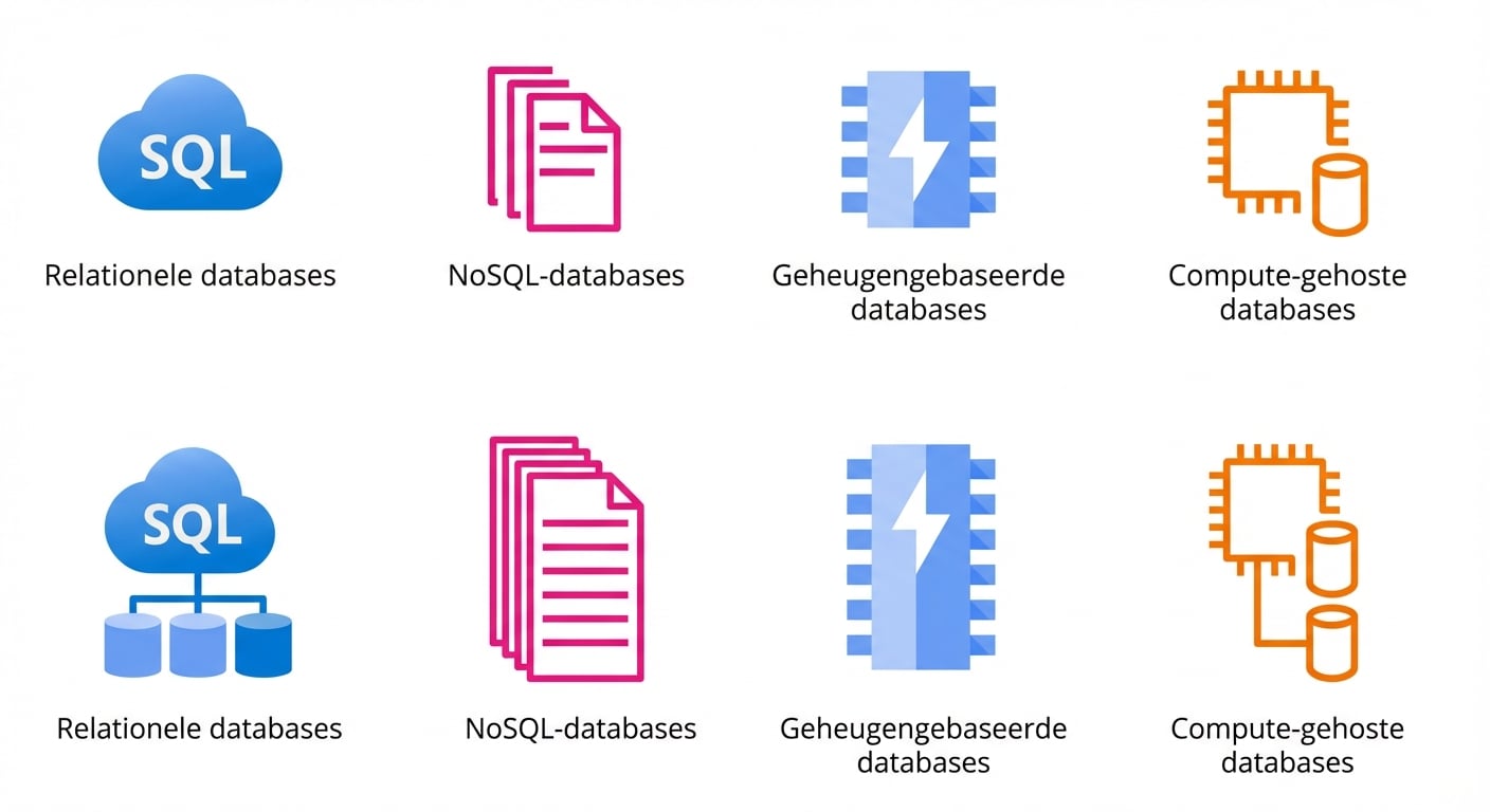 Pictogrammen van relationele, NoSQL-, in-memory- en compute-gehoste databases.