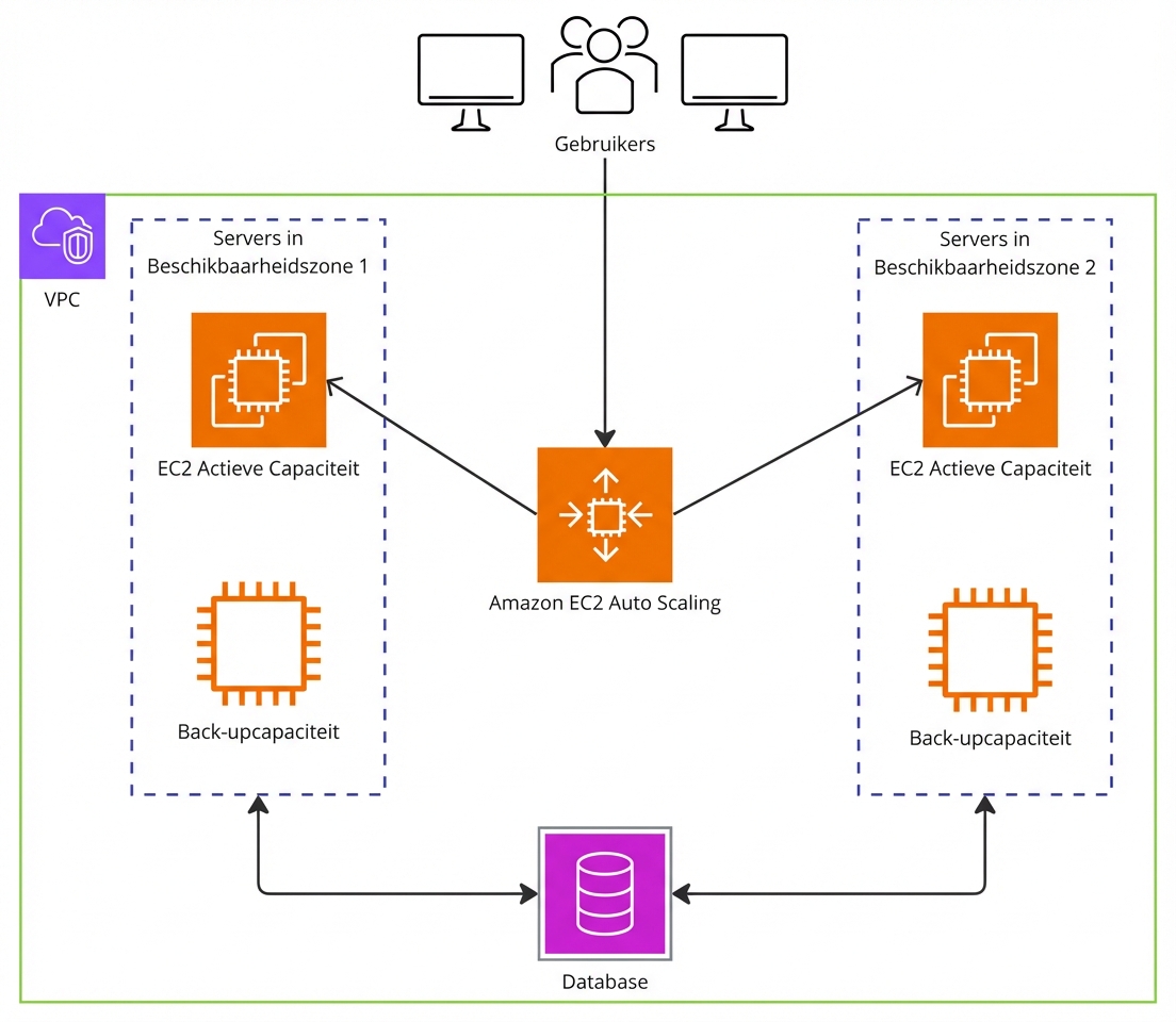 Een architectuurschema waarin een gebruikersrequest de EC2 Auto Scaling-service bereikt en wordt verdeeld over EC2-instances.