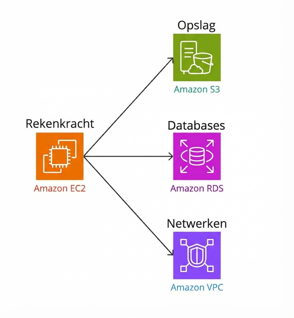 Een vertakt schema met compute-verbindingen naar opslag, databases en netwerken.