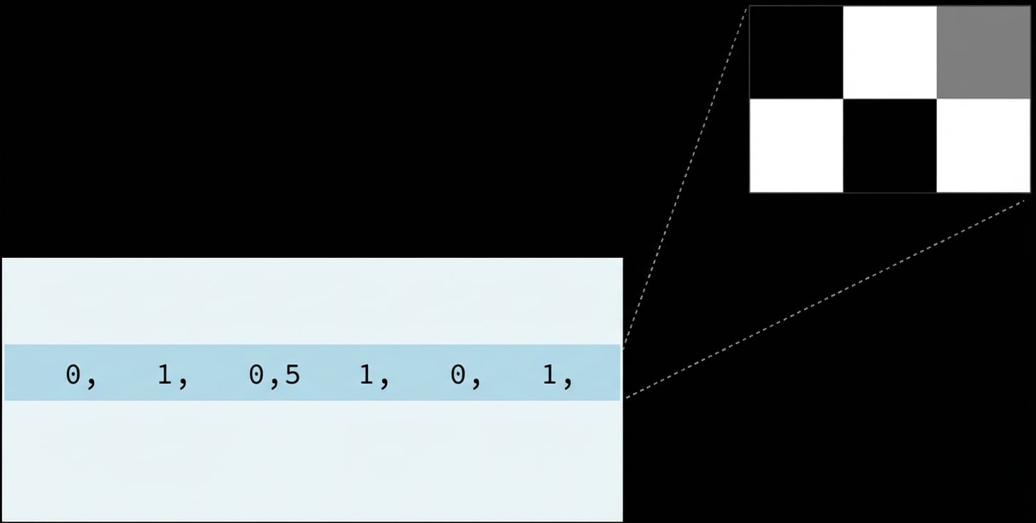 Eén rij van nmf.components_ die de 2x3-pixelafbeelding voorstelt
