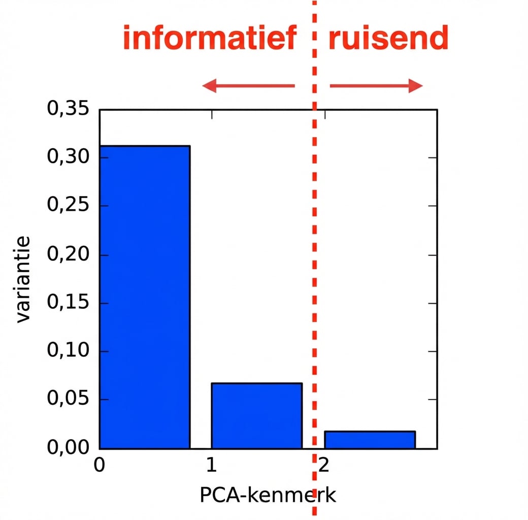 Staafdiagram: pca-feature-nummer vs variantie met verticale lijn tussen 1 en 2, pijl links informatief, pijl rechts ruiserig