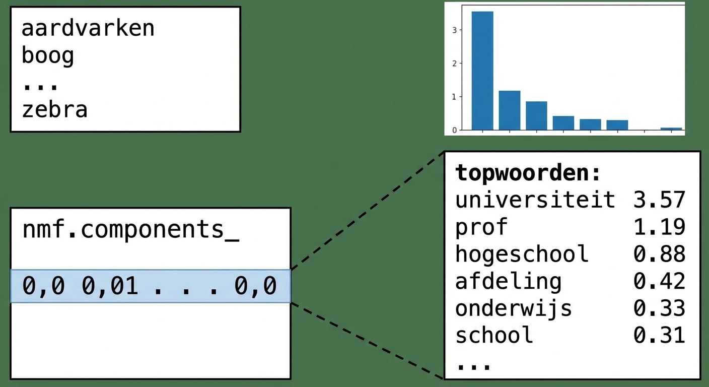 nieuwe box met topwoorden uit een andere rij van nmf.components_: university 3.57, prof 1.19, college 0.88, etc.
