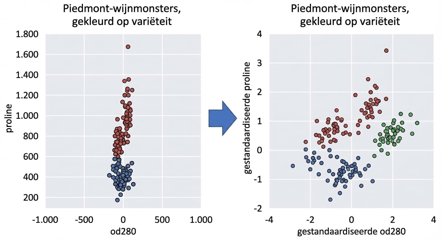 Gestandaardiseerde od280 vs gestandaardiseerde proline, scatterplot