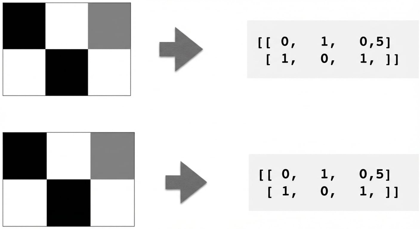 2 bij 3 rechthoek van pixels met variërende wit/zwart/grijs-tinten