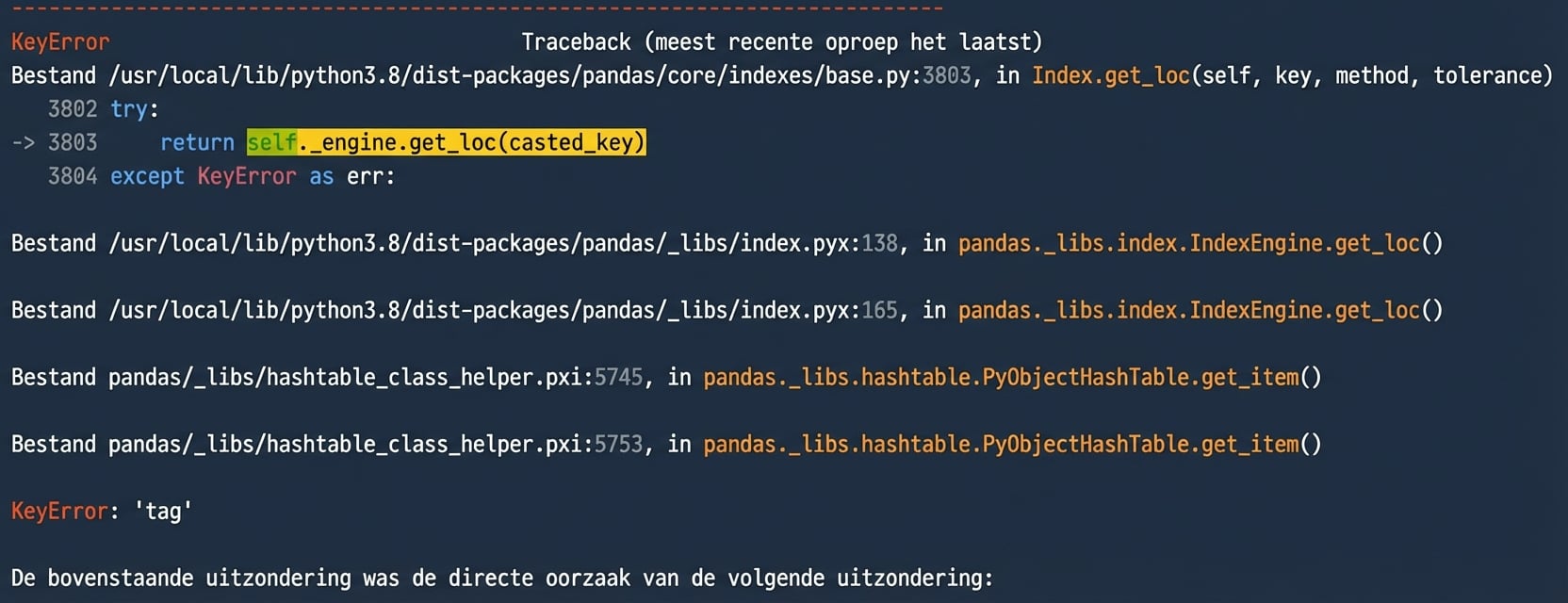 Traceback met het bestand dat de fout gaf en het fouttype KeyError