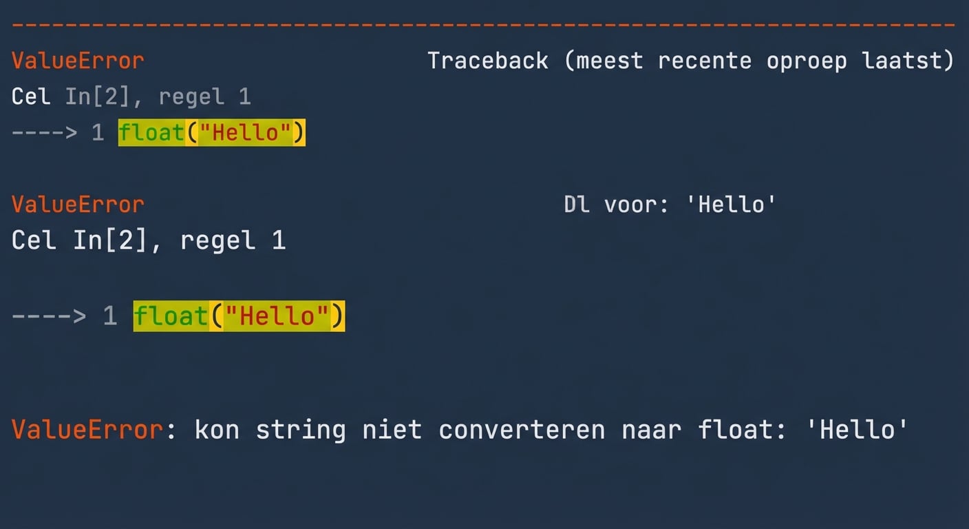 ValueError-uitvoer: de string 'Hello' kan niet naar float worden geconverteerd