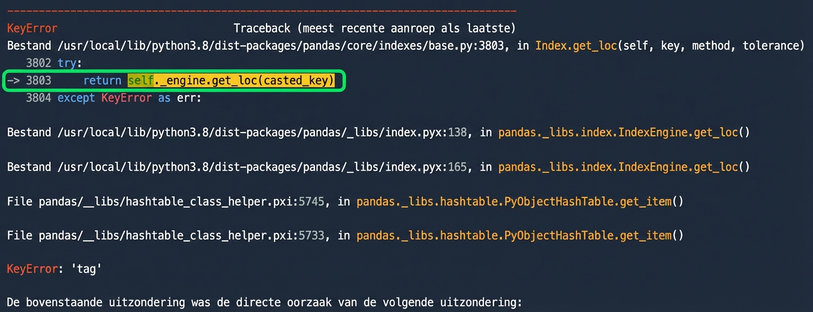 Traceback met regel 3803 gemarkeerd