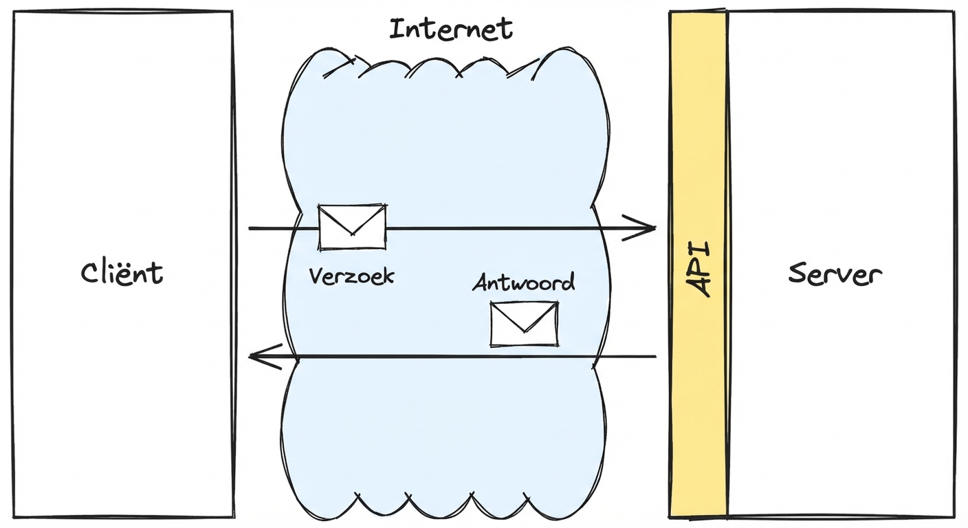 Een diagram van client-serverinteractie via internet met een API, met gelabelde request- en response-berichten.