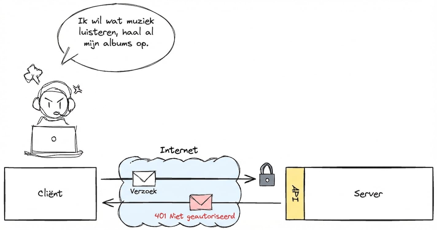Een gebruiker probeert via een client muziek-albums te openen. Het verzoek gaat via internet naar een server via een API maar krijgt "401 Unauthorized" terug.