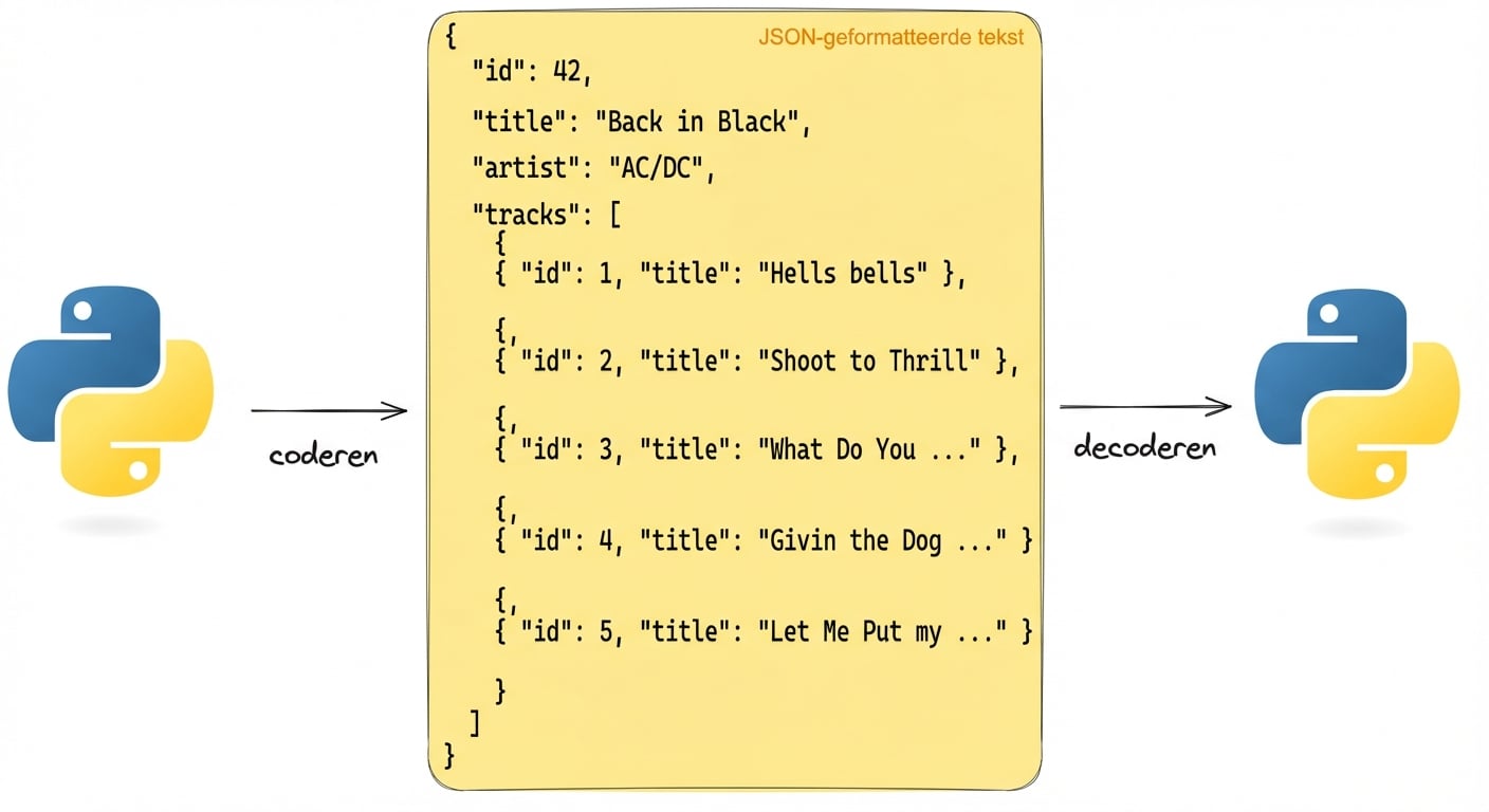 Een visuele weergave van het encoderen en decoderen van JSON-tekst met Python. De JSON bevat albumdetails voor "Back in Black" van AC/DC.