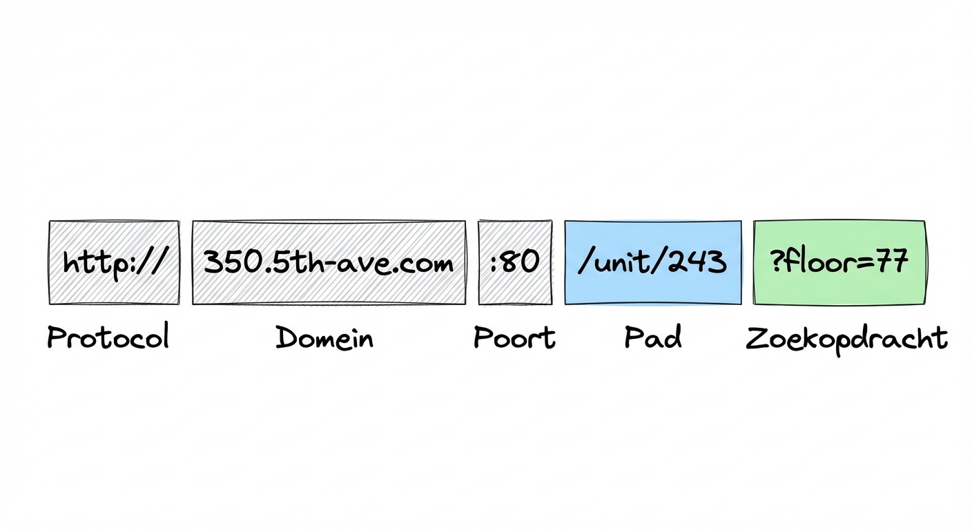 Een diagram met onderdelen van een URL: Protocol (http://), Domein (350.5th-ave.com), Poort (:80), Pad (/unit/243) en Query (?floor=77).
