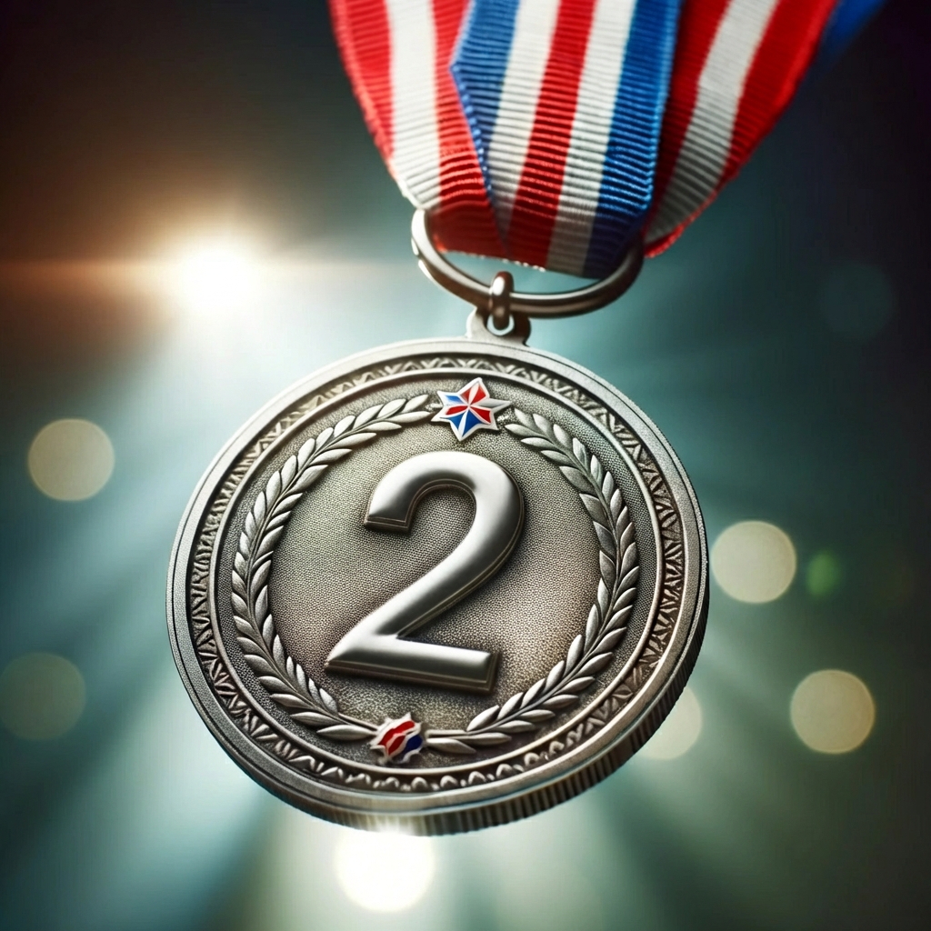 Een zilveren medaille met het cijfer 2