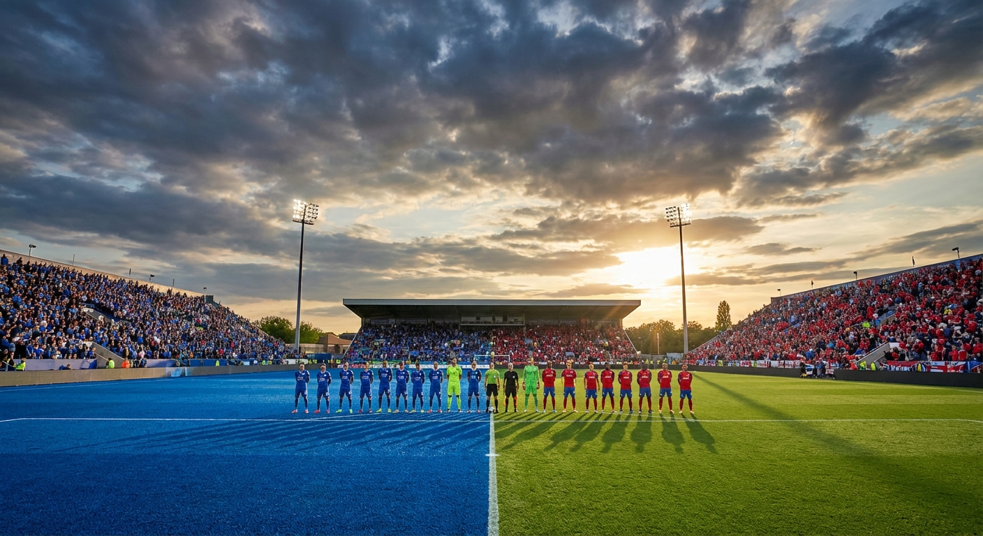 Een afbeelding van rode en blauwe voetbalteams die tegen elkaar spelen