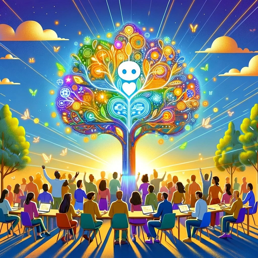 Een kleurrijke boom omringd door een diverse groep mensen rond een tafel