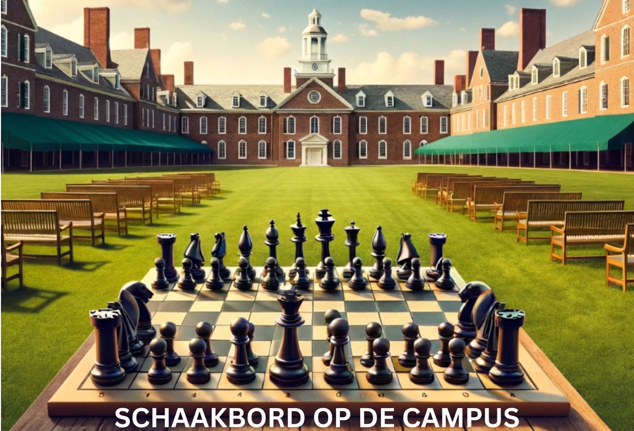 Een afbeelding van het gazon van Dartmouth College met een schaakbord erop