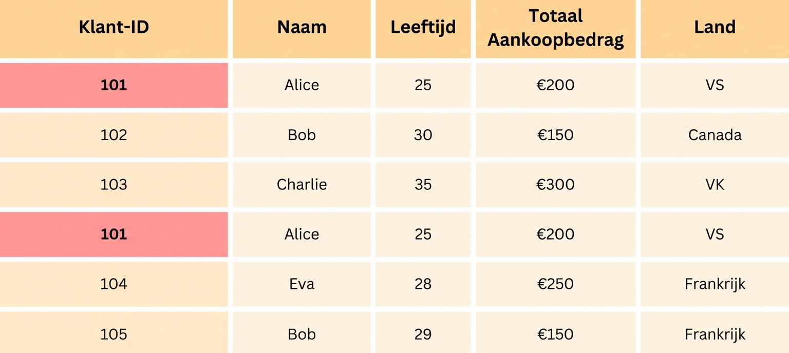 Tabel met verwijderde duplicaten met klant-ID gemarkeerd.