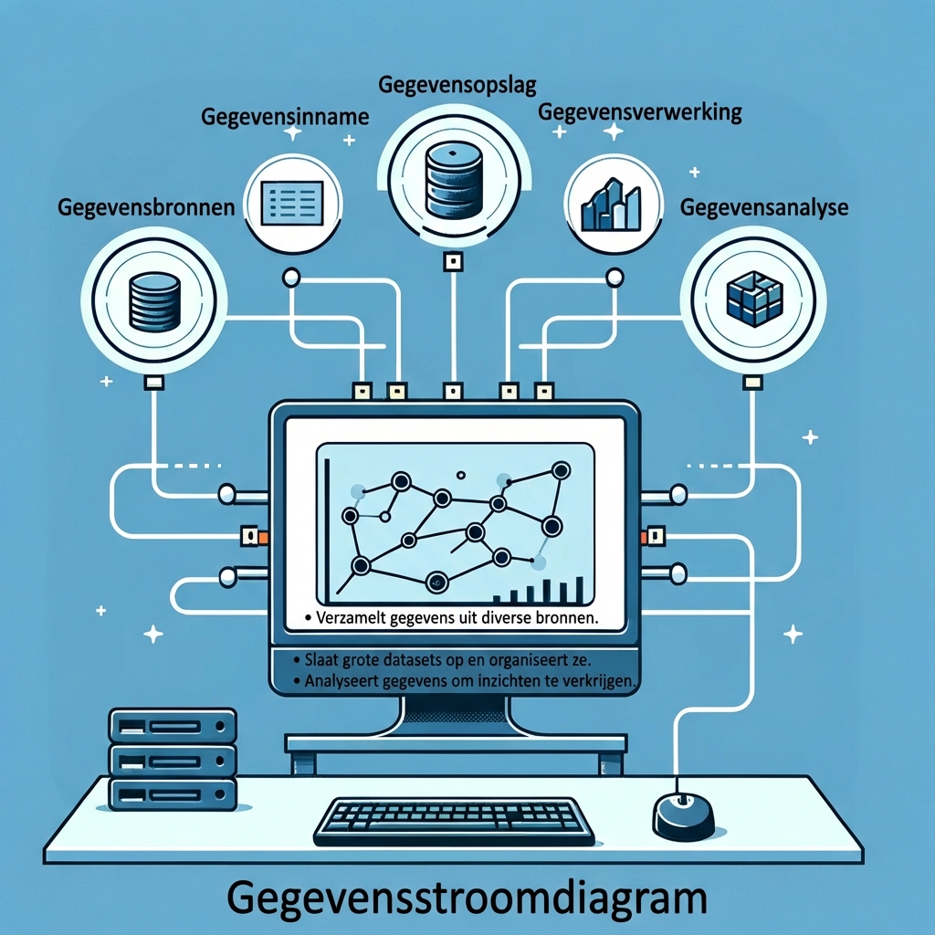 Cartoon van een computer met meerdere dataverbindingen die data aanleveren