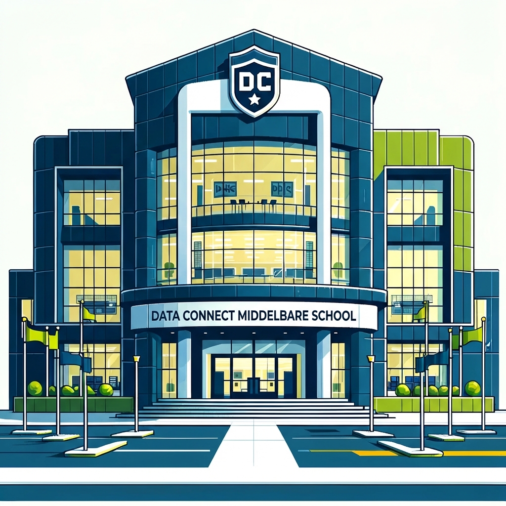 Cartoon van het fictieve DC High School-gebouw