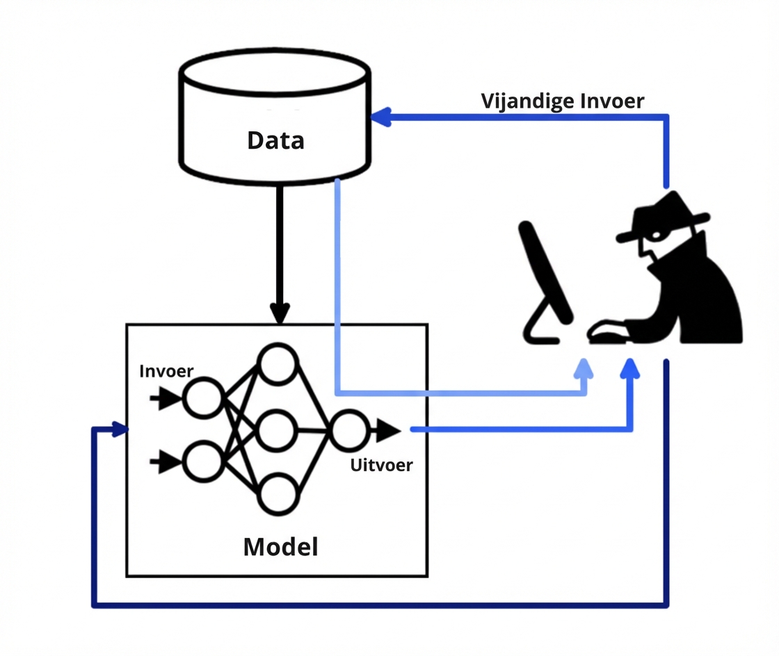 Een diagram met een programmeur die adversariële input in de data en het model injecteert, en het model dat uit de data afleidt