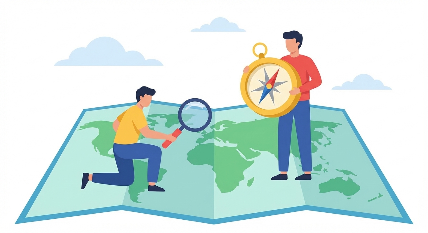 Twee mensen bestuderen een kaart met een kompas en plannen hun route