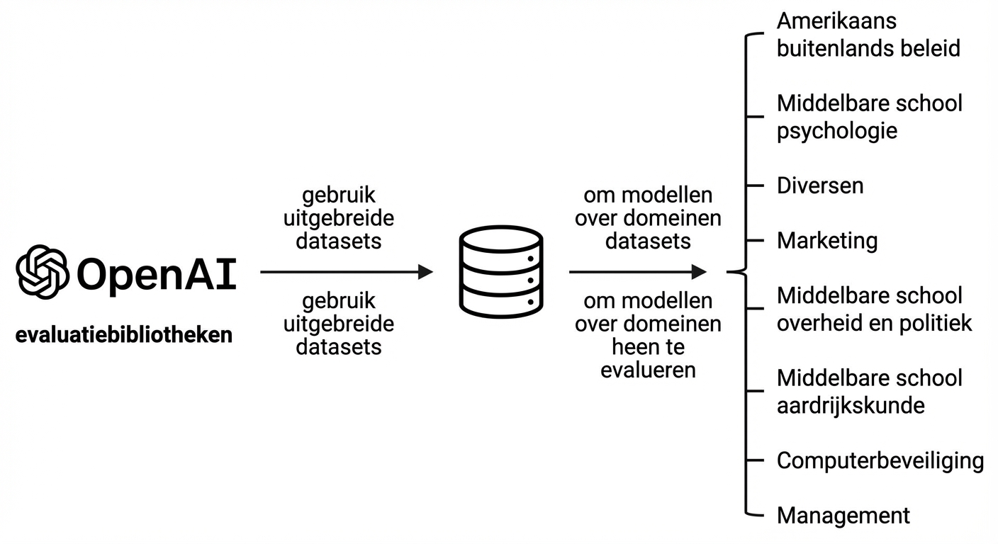 Een diagram met een voorbeeldevaluatiebibliotheek die uiteenlopende datasets gebruikt om een model te testen