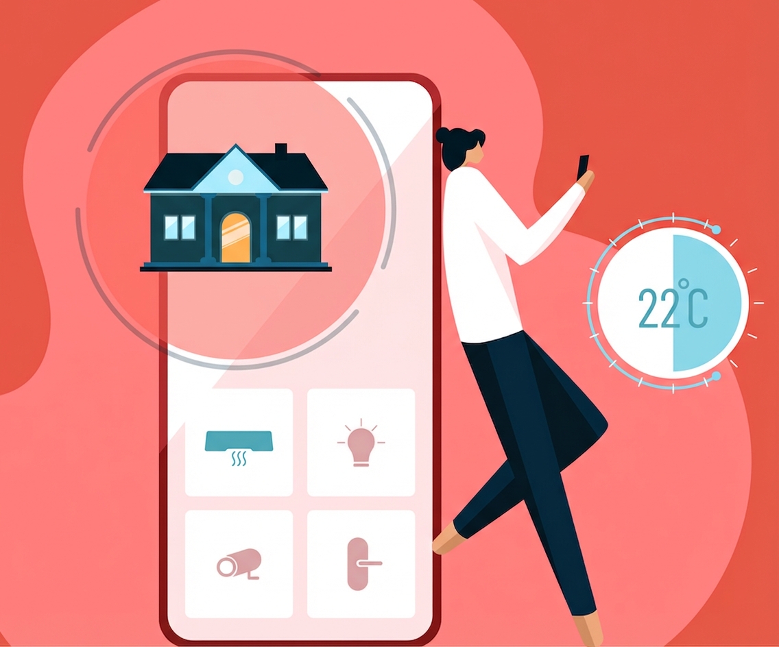 Een illustratie van iemand die de temperatuur thuis bedient via zijn telefoon