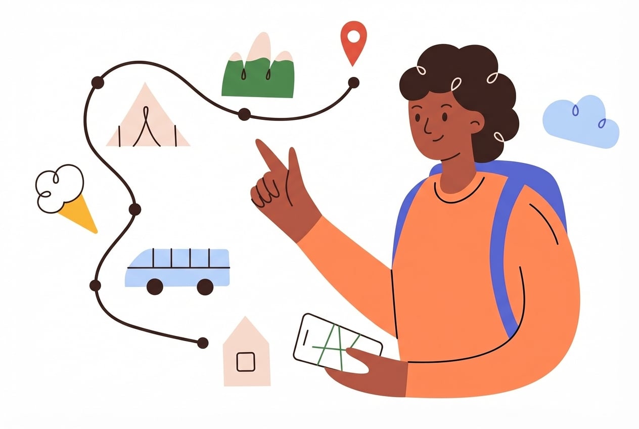 Iemand met een rugzak en kaart die naar een bestemming wijst