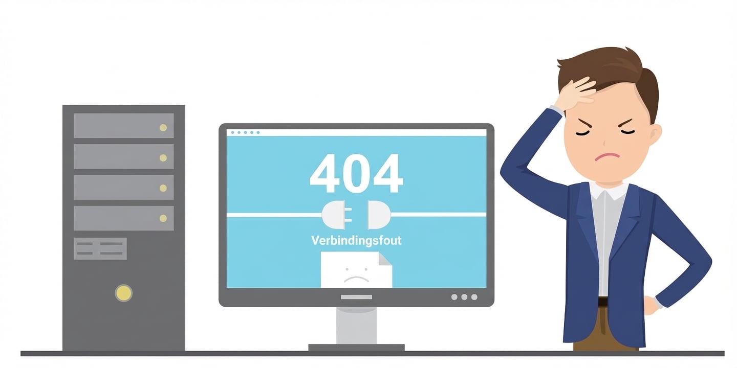 Een man achter een computer die een 404-fout oplost