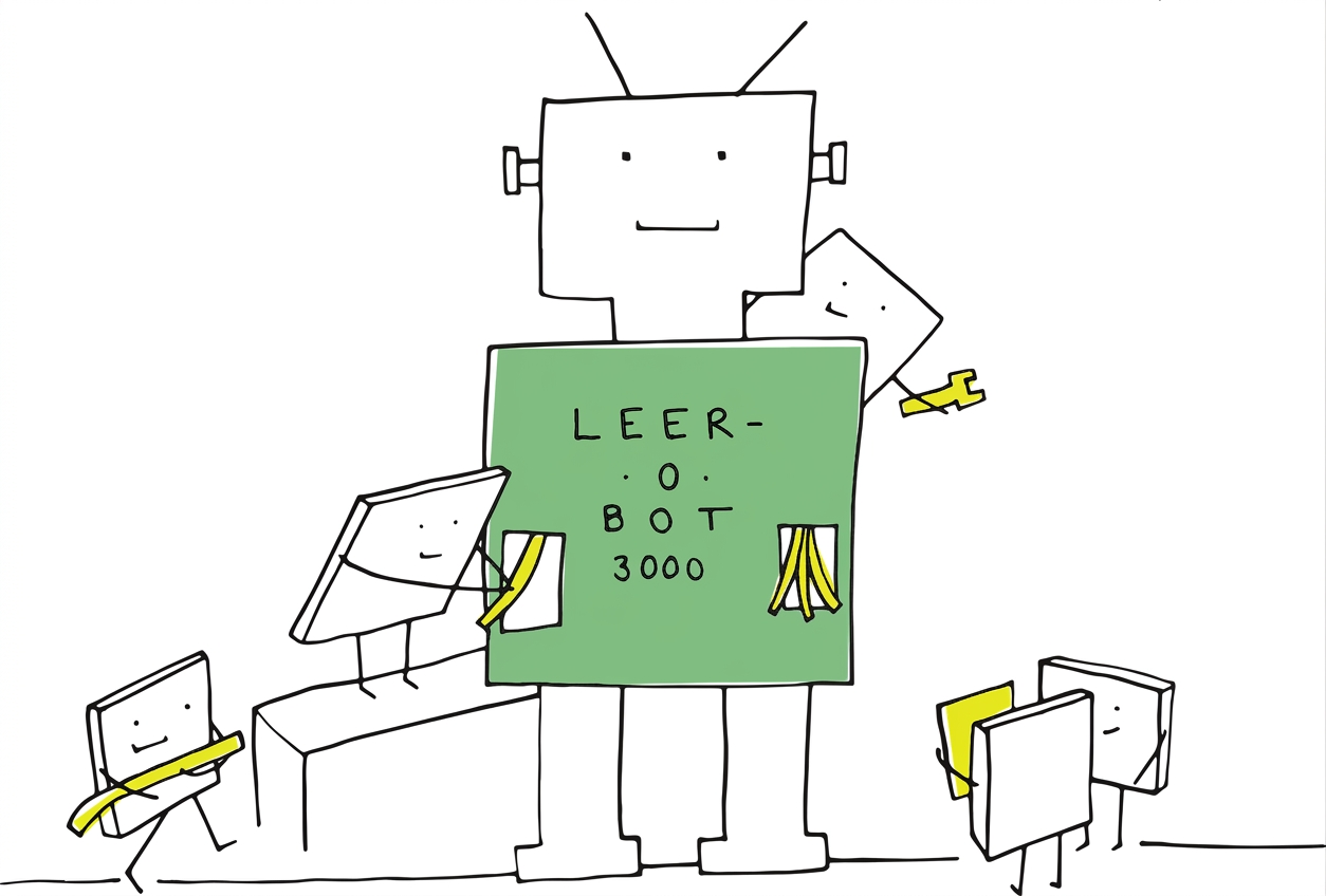 Speelse afbeelding van stripfiguren die een grootschalige robot bouwen