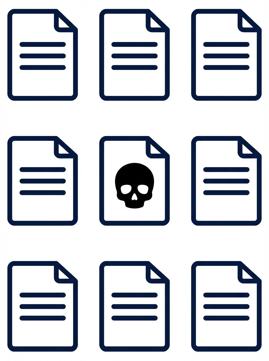 Afbeelding van tekstdocumenten, waarvan één document vergiftigd is