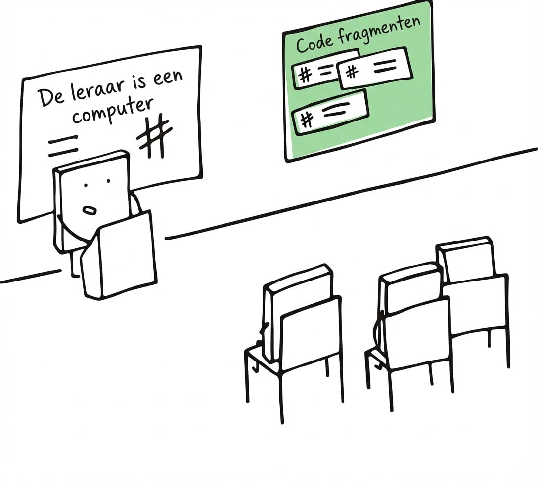 Een speelse cartoon die over prompts lesgeeft
