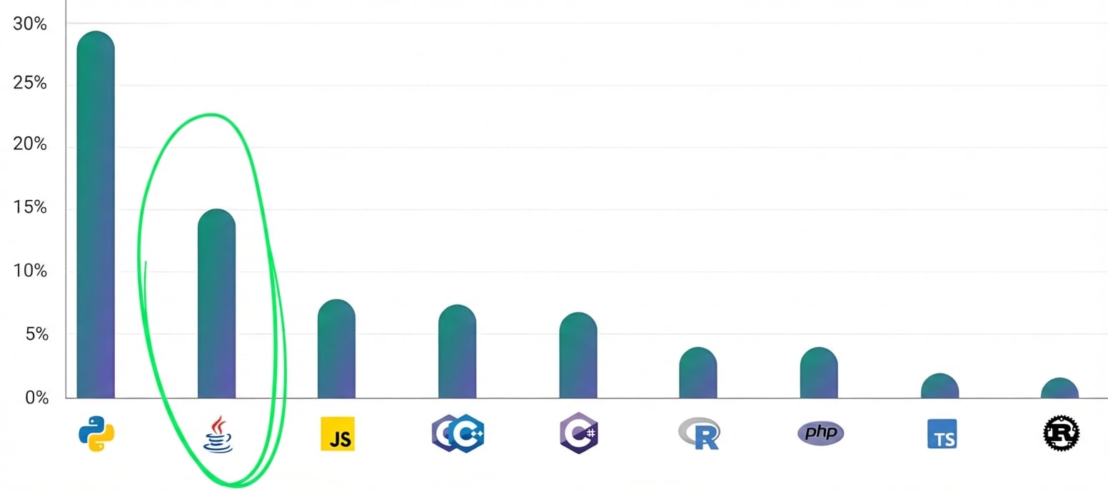 Staafdiagram dat laat zien dat Java in 2024 de op één na populairste programmeertaal was.jpg
