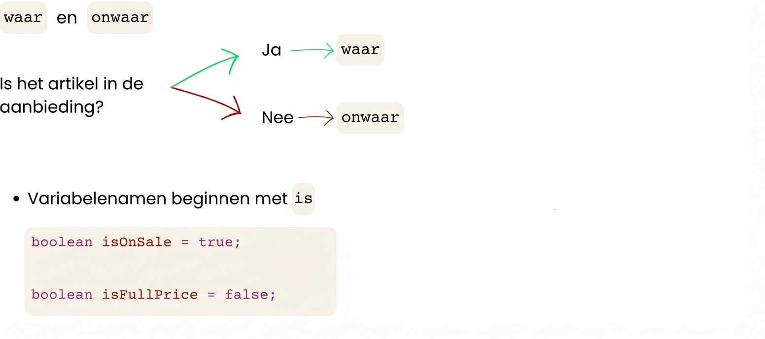 Namen van boolean-variabelen starten met is, zoals isOnSale