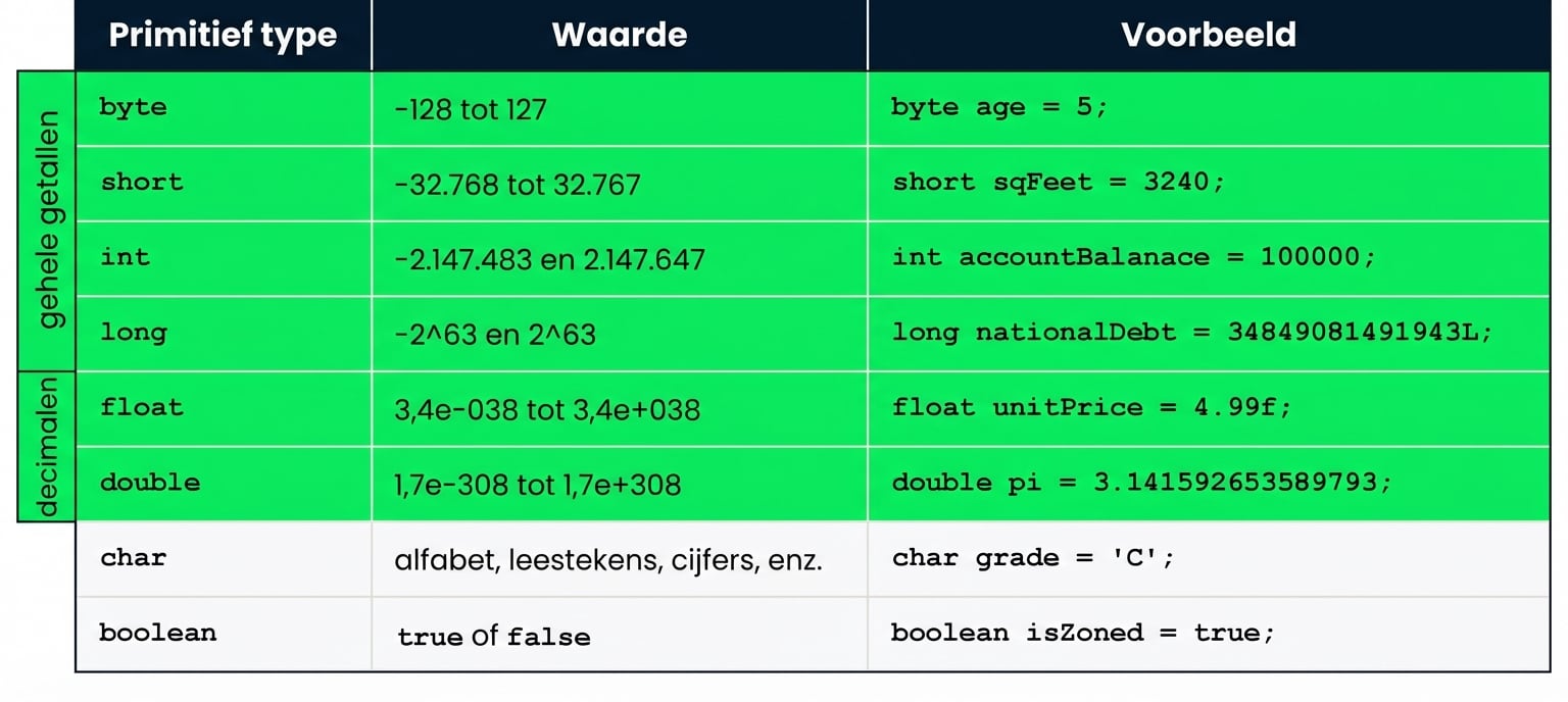 byte, short, int, long, float en double gemarkeerd als focus van deze video